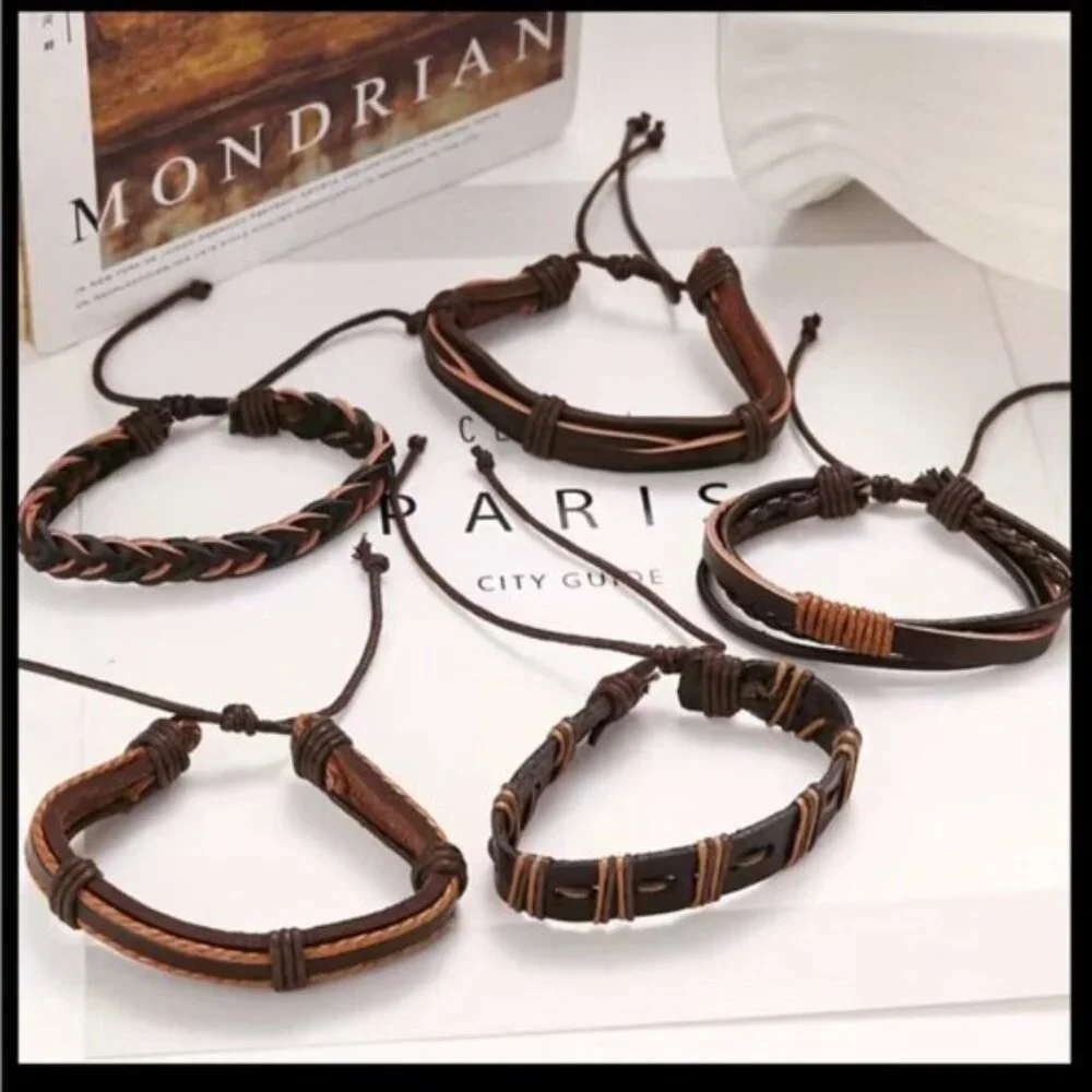 Men's Genuine Brown Braided Bracelet Set